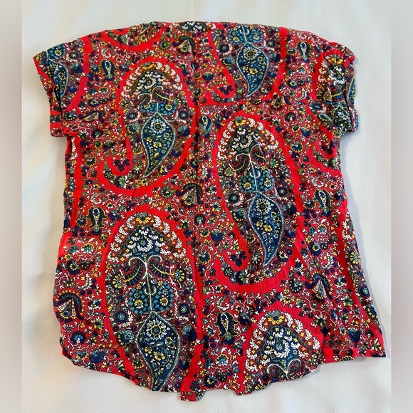 Lucky brand women's shirt top red pattern knit size S short sleeve tie bottom - Picture 9 of 9